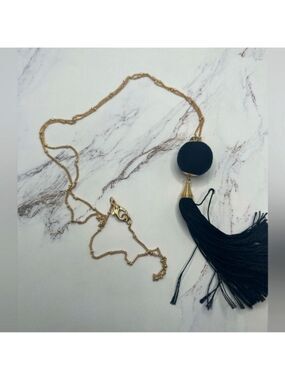 Statement Necklace Flapper Inspired Long Black Tassle Gold Tone